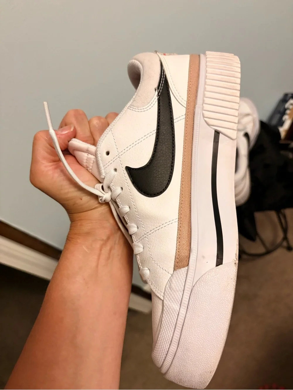 Nike Women’s Court White Sneakers with Black Swoosh and Gold Accent